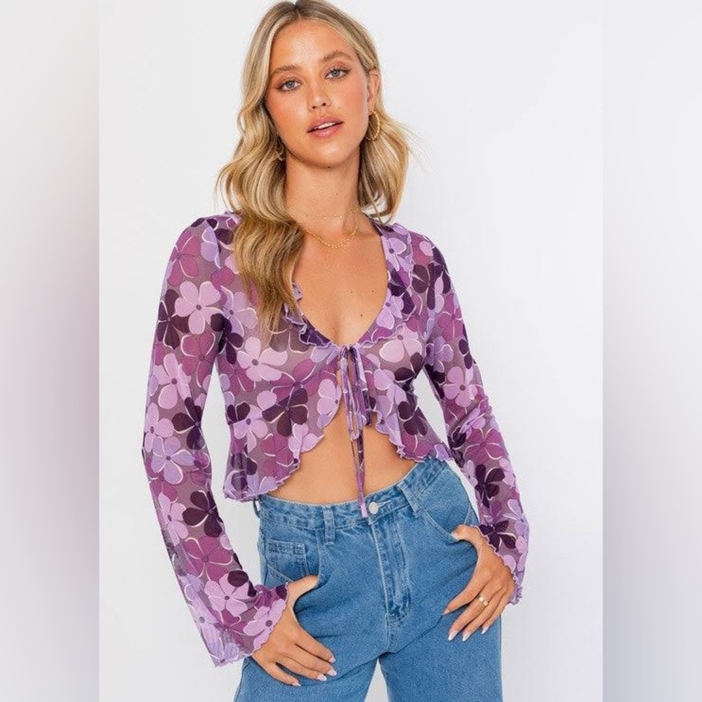 Bell Sleeve Front Tie Crop Mesh Top. Size L. *NWT*